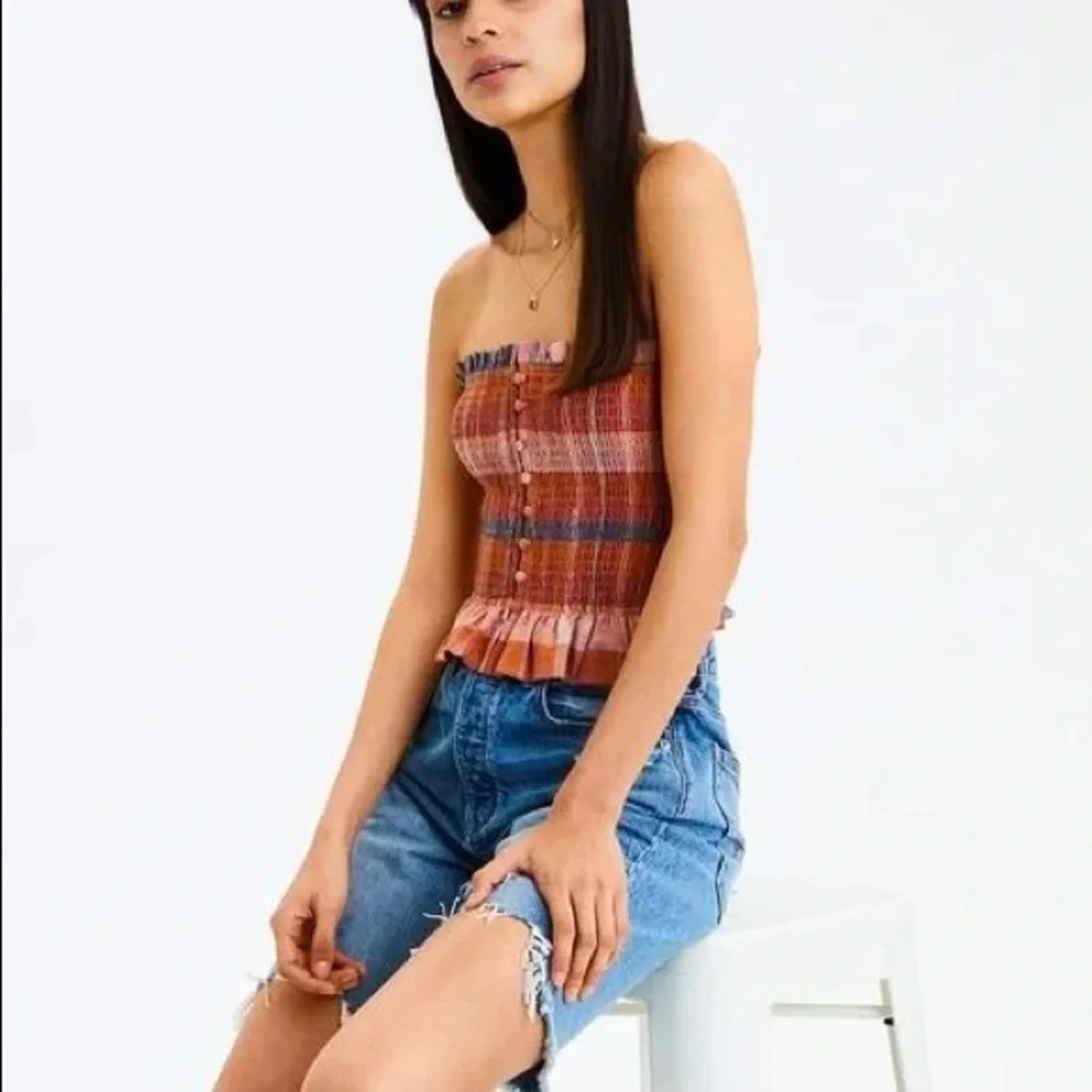 Sz M American Eagle smocked strapless tube top ruffled plaid linen warm tone